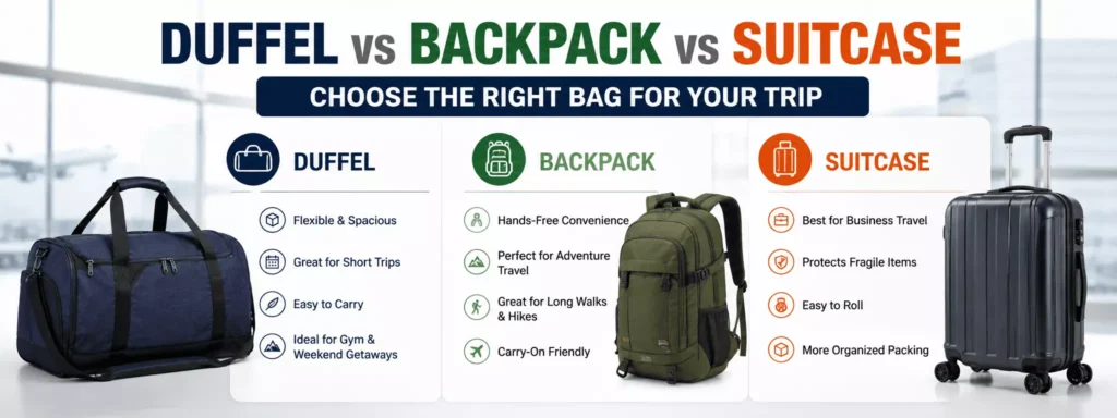 Duffel vs Backpack vs Suitcase